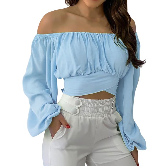 DHFJKG Women Off Shoulder Long Sleeve Shirts Ruched Chiffon Solid Color Cute Sexy Crop Top Summer Beach Clothes Spring Outfits Going Out Comfortable Tops