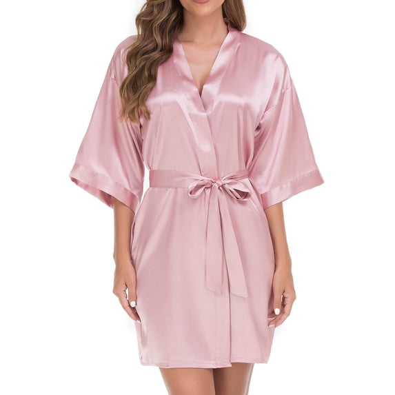 DHFJKG Women Silk Satin Bathrobe Short Sleeve Sleepwear V Neck Tie Waist Solid Color Summer Soft Loungewear Stylish Home Clothes