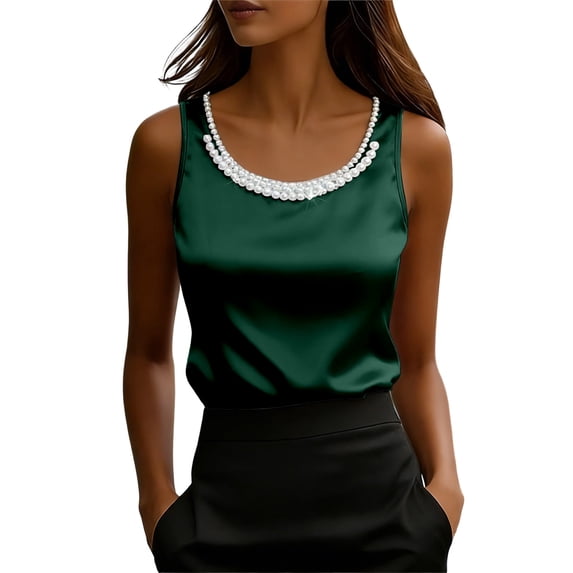 DHFJKG Women Silk Satin Tank Top Pearl Scoop Neck Summer Blouse Sleeveless Shirt Business Casual Dressy Outfit Vacation Clothes Stylish Tops
