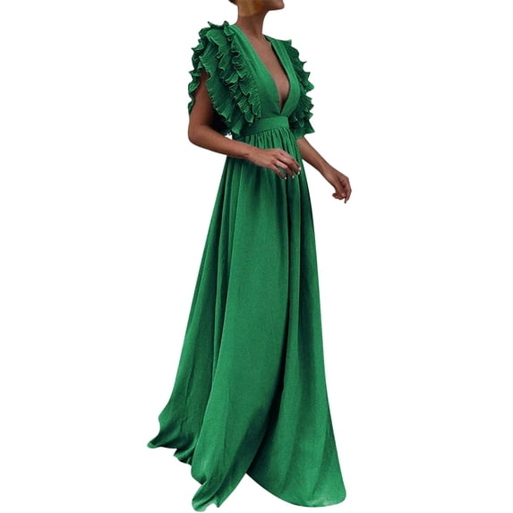 DHFJKG Women Sleeveless Wedding Guest Dress Deep V Neck Ruffle Maxi Dress Flowy A Line Party Prom Evening Gown Sexy Low Cut Trendy Dresses