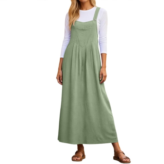 DHFJKG Women Square Neck Overall Dress Summer Casual Sleeveless Pleated Flowy A-Line Maxi Pinafore Jumper Dress With Pockets Stylish Dresses