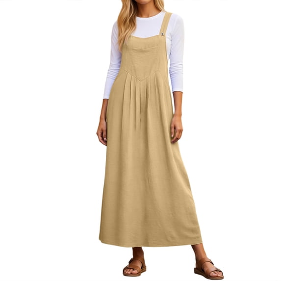 DHFJKG Women Square Neck Overall Dress Summer Casual Sleeveless Pleated Flowy A-Line Maxi Pinafore Jumper Dress With Pockets Versatile Dresses
