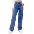thumbnail image 1 of DHFJKG Women Straight Leg Jeans Solid Color Loose Fit Pockets High Rise Denim Trousers Clean Fit Style Comfort Trousers, 1 of 7