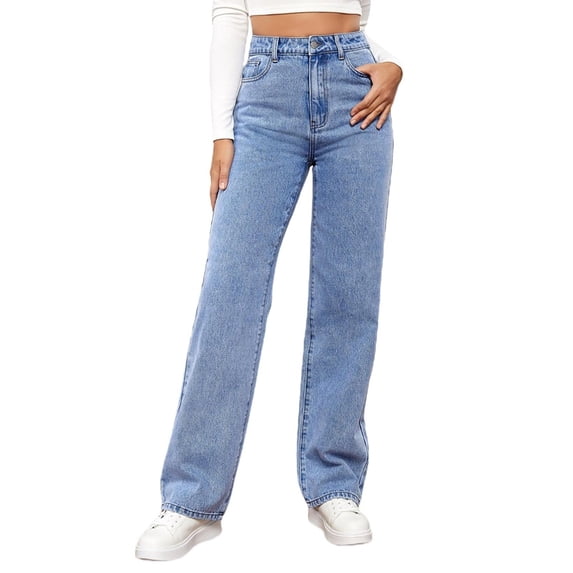 DHFJKG Women Straight Leg Jeans Solid Color Loose Fit Pockets High Rise Denim Trousers Clean Fit Style Versatile Trousers