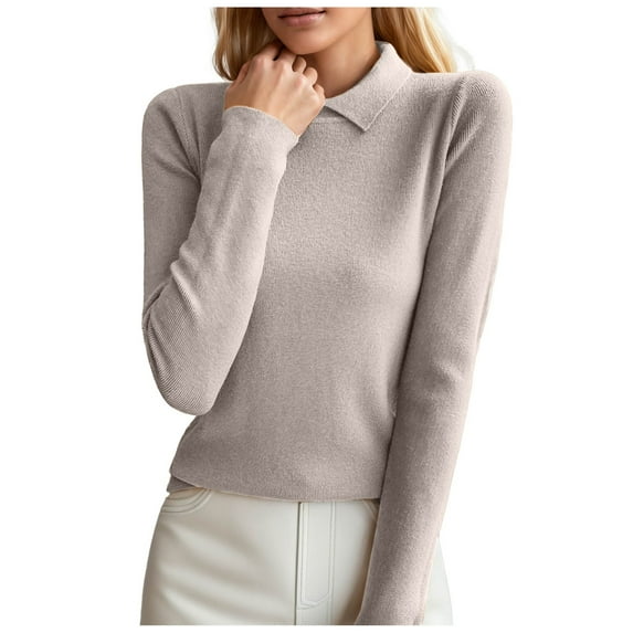 DHFJKG Women Strechy Slim Fit Sweater Turndown Collar Solid Color Pullover Sweater For Autumn Winter Long Sleeve Lightweight Comfort Tops