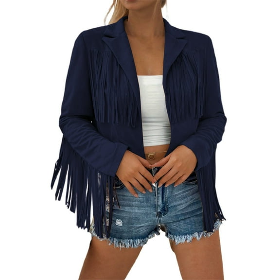 DHFJKG Women Suede Leather Tassel Crop Jacket Cowgirl Motocycle Slim Fit Solid Color Long Sleeve Turndown Collar Outerwear Coat For Autumn Winter Trendy Coat