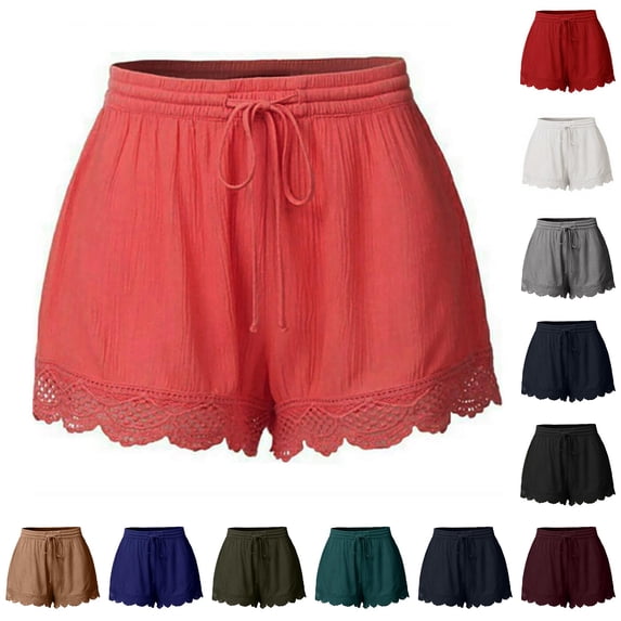 DHFJKG Women Summer Casual Shorts Lace Trim Loose Fit Drawstring Loungewear Shorts Beach Vacation Clothes Trendy Bottoms