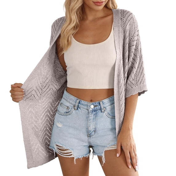 DHFJKG Women Summer Swimwear Cover-Ups Half Sleeve Boho Knitted Cardigan Lightweight Solid Color Fashion Beach Vacation Clothes Versatile Beachwear