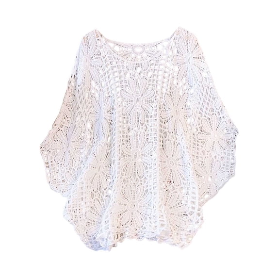DHFJKG Women Swimsuit Coverup Tunic Top Boho Crochet Sexy Hallow Out Batwing Short Sleeve Loose Fit Beach Cover Ups Summer Vacation Clothes