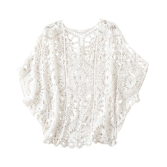 DHFJKG Women Swimsuit Coverup Tunic Top Boho Crochet Sexy Hallow Out Batwing Short Sleeve Loose Fit Beach Cover Ups Summer Vacation Clothes