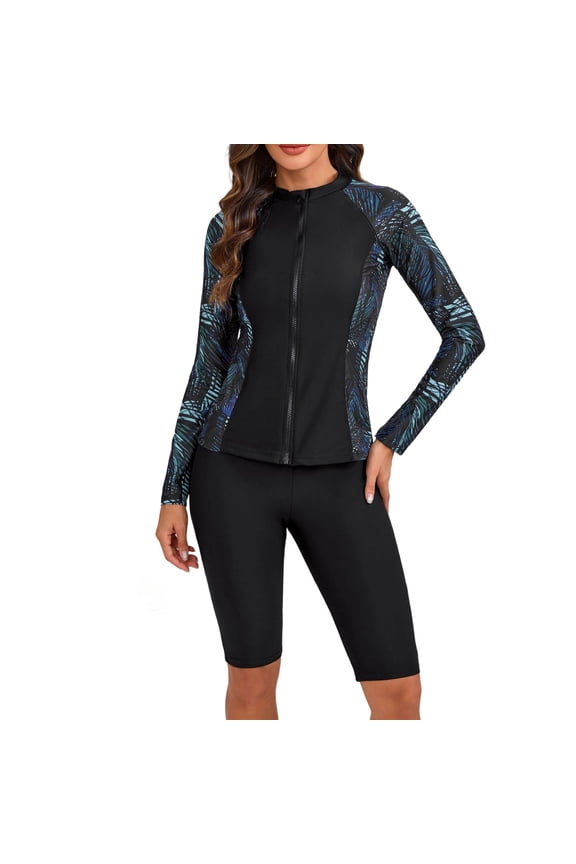 Women Swimsuits 3 Piece Tankini Set Swim Bra Long Sleeve Rash Guard Swim Shirt Boat Shorts Bottom Water Sports Bathing Suit Stylish Beachwear