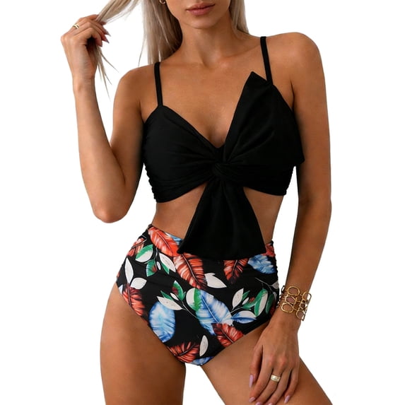 DHFJKG Women Swimsuits Floral Print Bowknot Two Piece Swimwear Bikini Top With High Waist Briefs Bottoms Tummy Control Bathing Suit Summer Versatile Beachwear