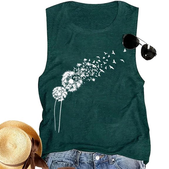 DHFJKG Women Tank Top Dandelion Flower Printed Summer Round Neck Casual Sleeveless Stretchy Soft Relaxed Fit Stylish Tops