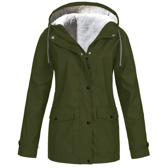 DHFJKG Women Thickened Jacket Raincoat Windproof Solid Color Zipper Outdoor Plus Size Hooded Warm Lined Mid-Long Comfort Jackets