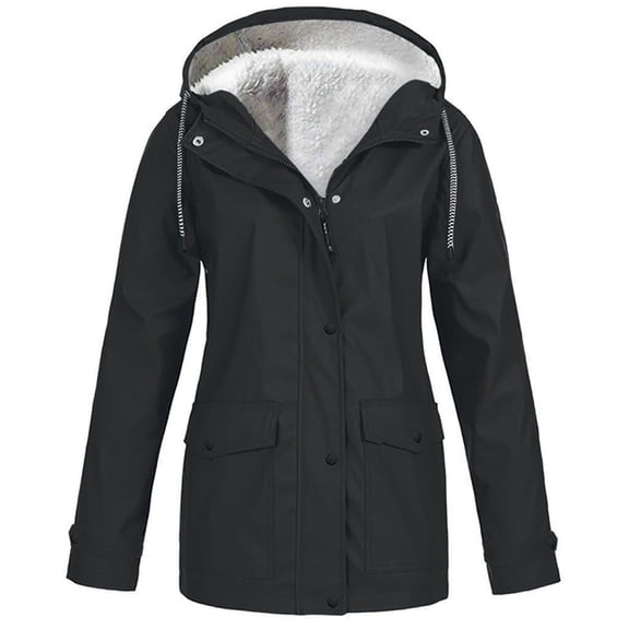 DHFJKG Women Thickened Jacket Raincoat Windproof Solid Color Zipper Outdoor Plus Size Hooded Warm Lined Mid-Long Leisure Coats