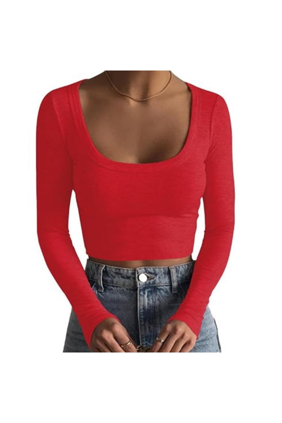 Women Tight Cropped Top Layering Clothes Wide Neckline Solid Color Long Sleeve Baselayer Crop T-Shirt Comfort Jumper Tops