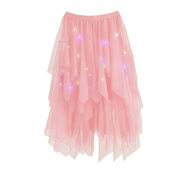 DHFJKG Women Tutus LED Light Up Midi Skirt High Waisted Mesh Layered Irregular Hem Lightweight Flowy Skirts Rave Party Dance Stylish Skirt