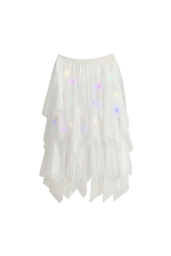 Women Tutus LED Light Up Midi Skirt High Waisted Mesh Layered Irregular Hem Lightweight Flowy Skirts Rave Party Dance Stylish Skirt