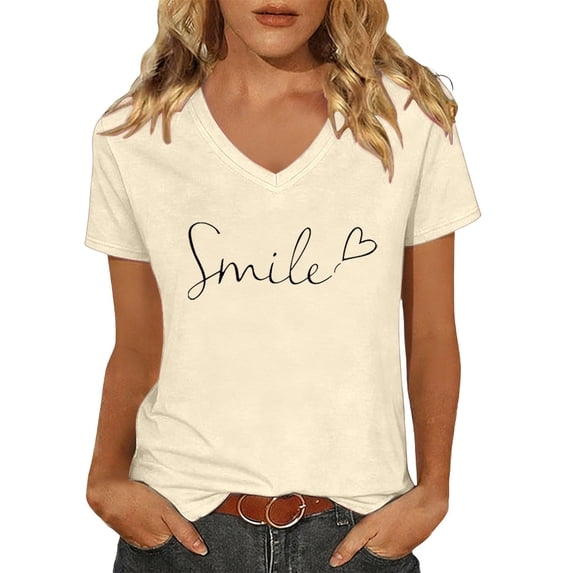 DHFJKG Women V Neck Top Short Sleeve T Shirt Casual Letter Graphic Tee Crew Neck Daily Wear Comfortable Summer Tshirts Trendy Tops