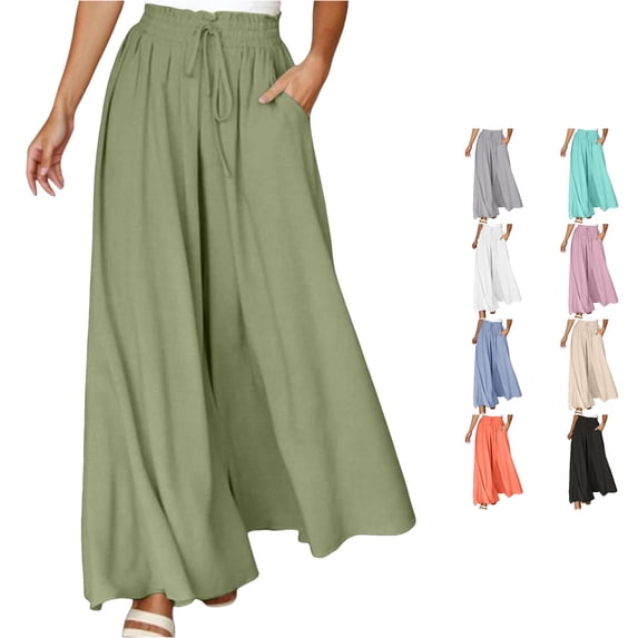 DHFJKG Women Wide Leg Pants Casual Drawstring High Waisted Flowy Palazzo Breathable Cool Summer Beach Vacation Clothes Soft Trousers