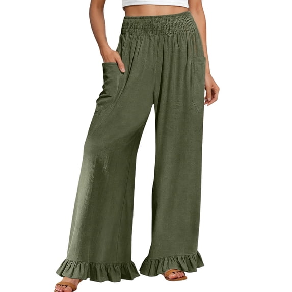 DHFJKG Women Wide Leg Pants High Rise Ruffle Hem Comfortable Relaxed Fit Elastic Waist Pants With Pockets Summer Beach Vacation Clothes Versatile Trousers