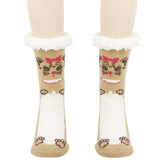 DHFJKG Women Winter Thick Slipper Socks With Grippers Cute Cat Print Non Warm Fuzzy Socks Christmas Gifts Comfort Sock