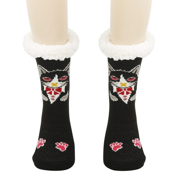 DHFJKG Women Winter Thick Slipper Socks With Grippers Cute Cat Print Non Warm Fuzzy Socks Christmas Gifts Comfort Sock