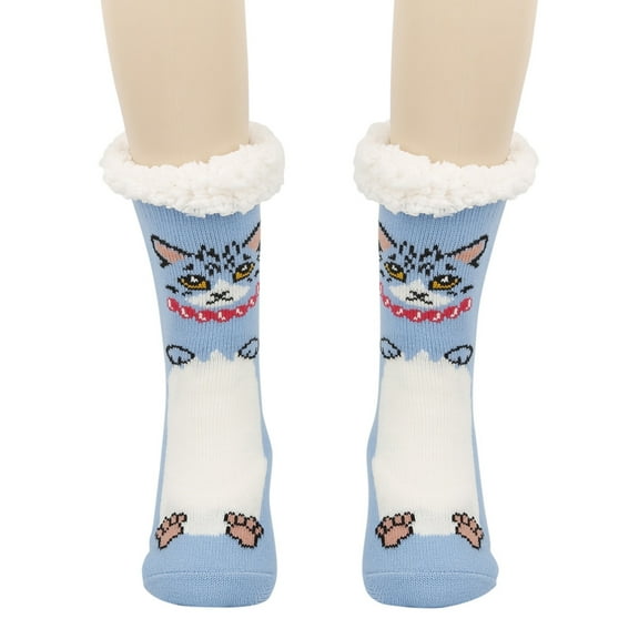 DHFJKG Women Winter Thick Slipper Socks With Grippers Cute Cat Print Non Warm Fuzzy Socks Christmas Gifts Cozy Sock