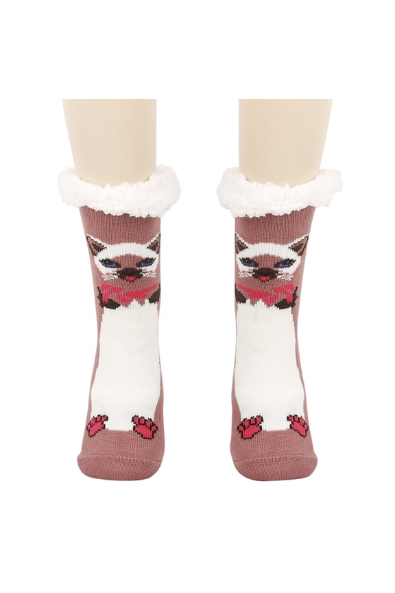 Women Winter Thick Slipper Socks With Grippers Cute Cat Print Non Warm Fuzzy Socks Christmas Gifts Leisure Sock