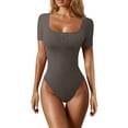 thumbnail image 1 of DHFJKG Women Workout Ribbed Bodysuits Yoga Bodycon One Piece Tank Top Square Neck Short Sleeve Tight Romper Gym Clothes Stylish Tops, 1 of 5