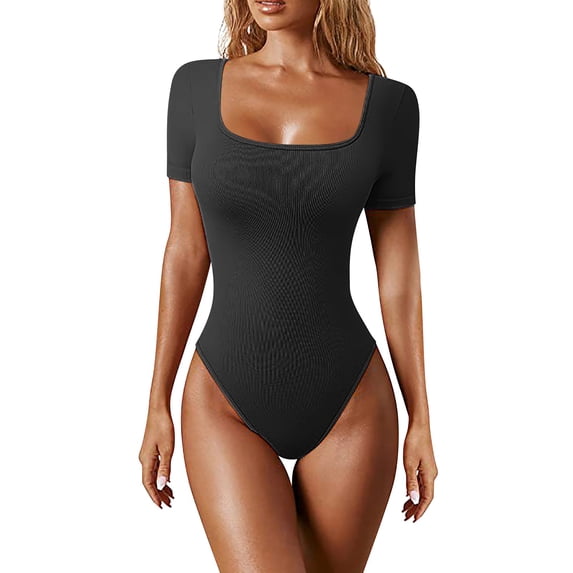 DHFJKG Women Workout Ribbed Bodysuits Yoga Bodycon One Piece Tank Top Square Neck Short Sleeve Tight Romper Gym Clothes Trendy Tops