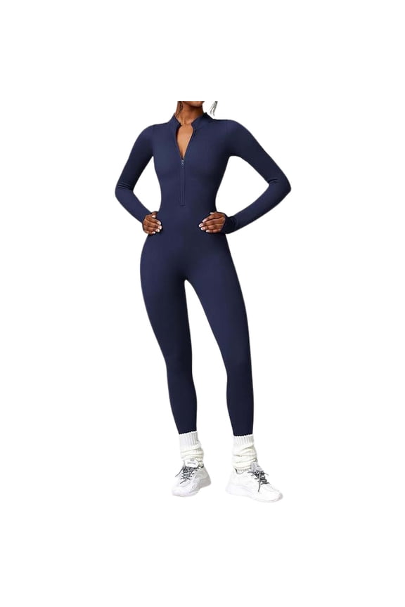 Women Workout Seamless Jumpsuits Yoga Long Sleeve Front Zipper Bodycon Activewear Comfortable One Piece Leggings Romper