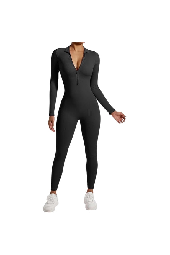 Women Workout Seamless Jumpsuits Yoga Long Sleeve Front Zipper Bodycon Activewear Comfortable One Piece Leggings Romper