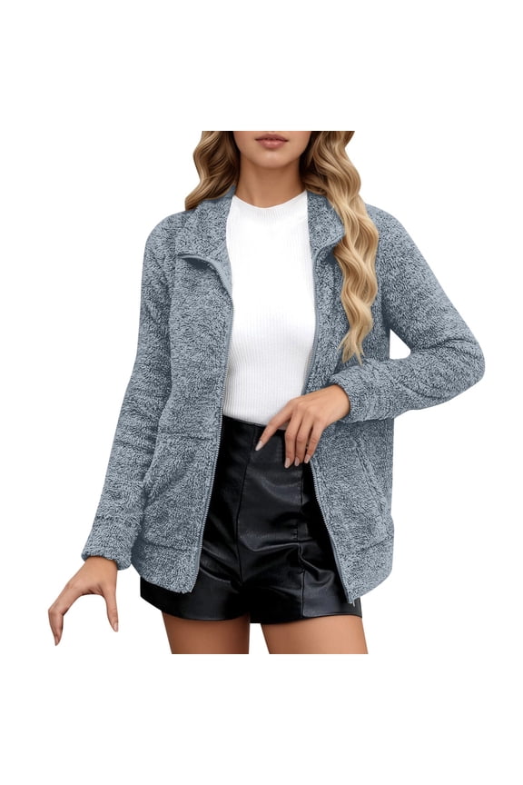 Women Zip Up Fuzzy Coat Lightweight Solid Color Stand Collar Jacket Outdoor Indoor Cold Weather Leisure Coat