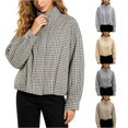 thumbnail image 1 of DHFJKG Women Zipper Bomber Jacket Stand Collar Plaid Long Sleeve Oversized Cropped Outwear With Pockets, 1 of 8
