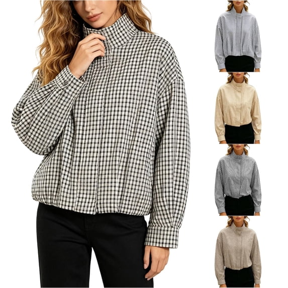 DHFJKG Women Zipper Bomber Jacket Stand Collar Plaid Long Sleeve Oversized Cropped Outwear With Pockets