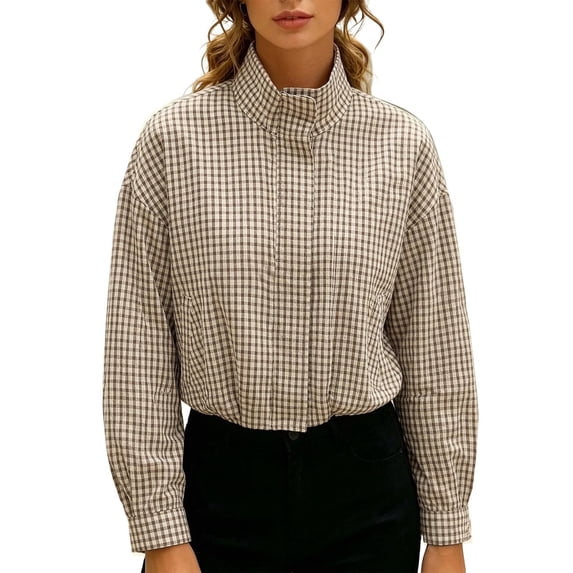 DHFJKG Women Zipper Bomber Jacket Stand Collar Plaid Long Sleeve Oversized Cropped Outwear With Pockets
