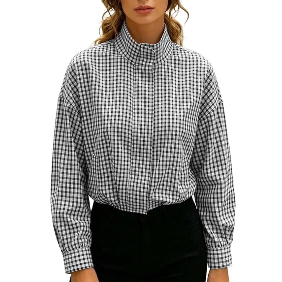 DHFJKG Women Zipper Fall Jacket Lightweight Stand Collar Plaid Long Sleeve Oversized Cropped Outwear