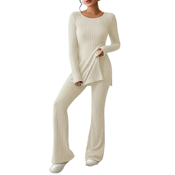DHFJKG Women's 2 Piece Outfits Matching Clothing Set Long Sleeve Ribbed Top Flared Pants Solid Color Spring Fall Loungewear Sets Comfortable Outfit