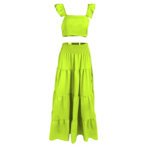 DHFJKG Women's 2 Piece Outfits Summer Maxi Skirt Sets Sleeveless Square Neck Slim Fit Crop Top High Rise Long Skirts Matching Set Versatile Outfit