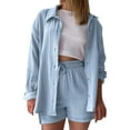 thumbnail image 1 of DHFJKG Women's 2 Piece Sets Spring Summer Outfits For Women Long Sleeve Button Up Collar Shirt High Waist Drawstring Shorts Casual Daily Wear Soft Outfit, 1 of 5