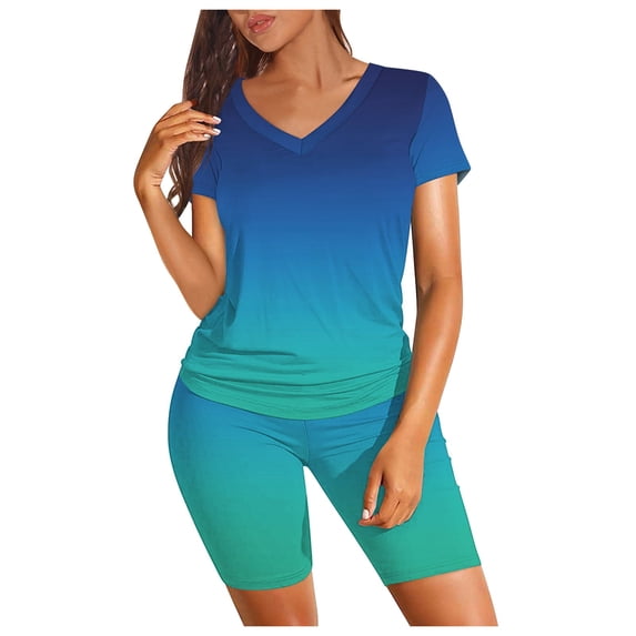 DHFJKG Women's 2 Piece Sets Summer Outfits Matching Clothing Oversized Gradient Short Sleeve V Neck T Shirts Biker Shorts Set Workout Trendy Outfit
