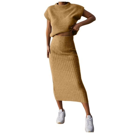 DHFJKG Women's 2 Piece Sweater Sets Knitted Short Sleeve Crew Neck Top High Waist Midi Skirts Set Matching Clothes Casual Holiday Outfit