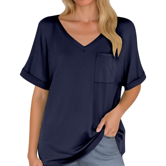 DHFJKG Women's Basic T Shirts V Neck Short Sleeve Solid Color Tee With Pocket Baggy Streetwear Loose Fit Tunic Summer Casual Daily Wear Versatile Tops