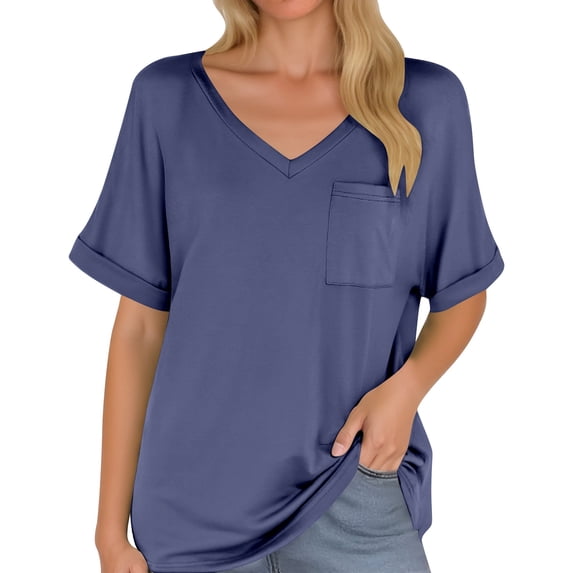 DHFJKG Women's Basic T Shirts V Neck Short Sleeve Solid Color Tee With Pocket Baggy Streetwear Loose Fit Tunic Summer Casual Daily Wear Versatile Tops