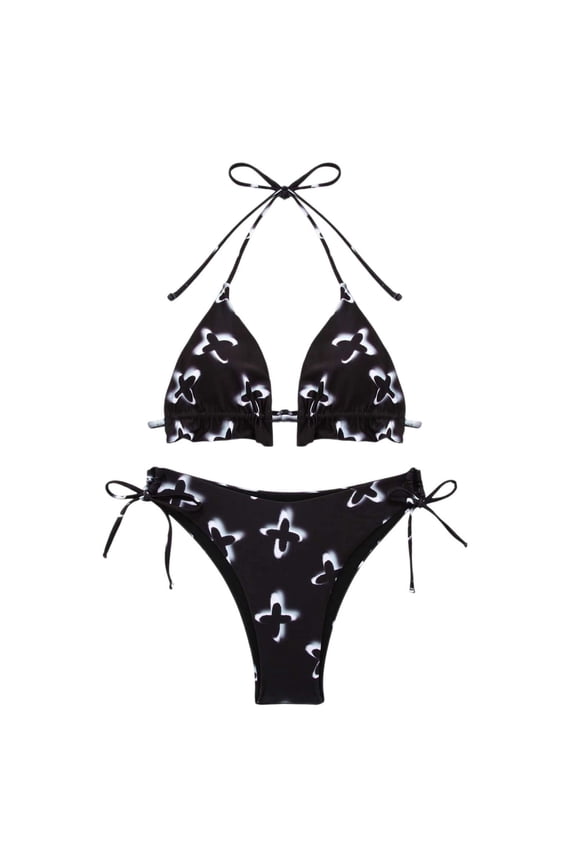 Women's Bikini Two Piece Swimsuit Set Skull Printed Gothic Side Tie Halter Triangle Top Thong Bottoms Punk Style Trendy Beachwear