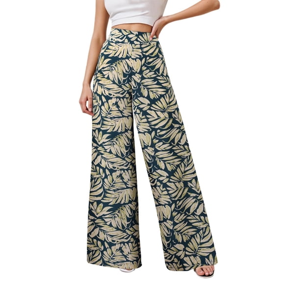 DHFJKG Women's Boho Pants High Waisted Wide Leg Floral Printed Flowy Palazzo Summer Beach Vacation Clothes Soft Trousers