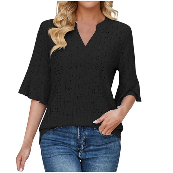 DHFJKG Women's Boho T Shirt Half Sleeve Summer Beach Hallow Out V Neck Solid Color Loose Fit Tunic Casual Tee Vacation Stylish Tops