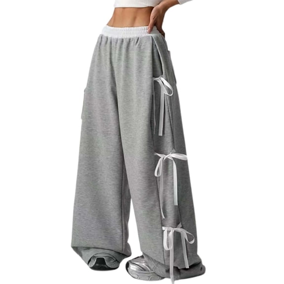 DHFJKG Women's Bow Wide Leg Sweatpants Elastic Waist Baggy Pants With Pockets Y2K Clothing Leisure Trousers
