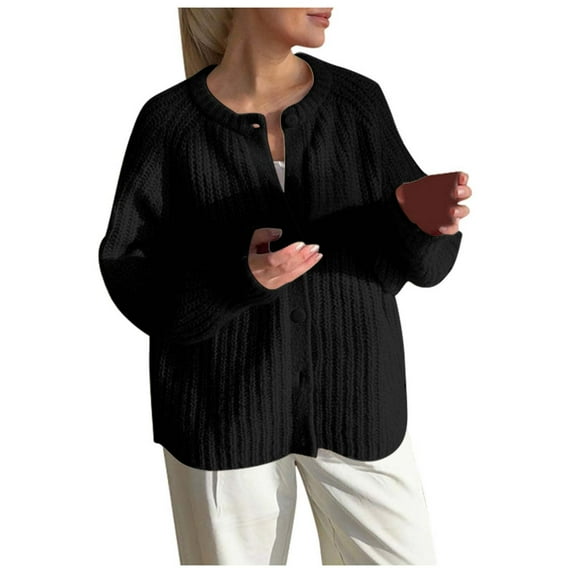 DHFJKG Women's Cable Knit Cardigan Sweater Crewneck Long Sleeve Button Up Cardigans Solid Color Loose Fit Layering Top Soft Outerwear